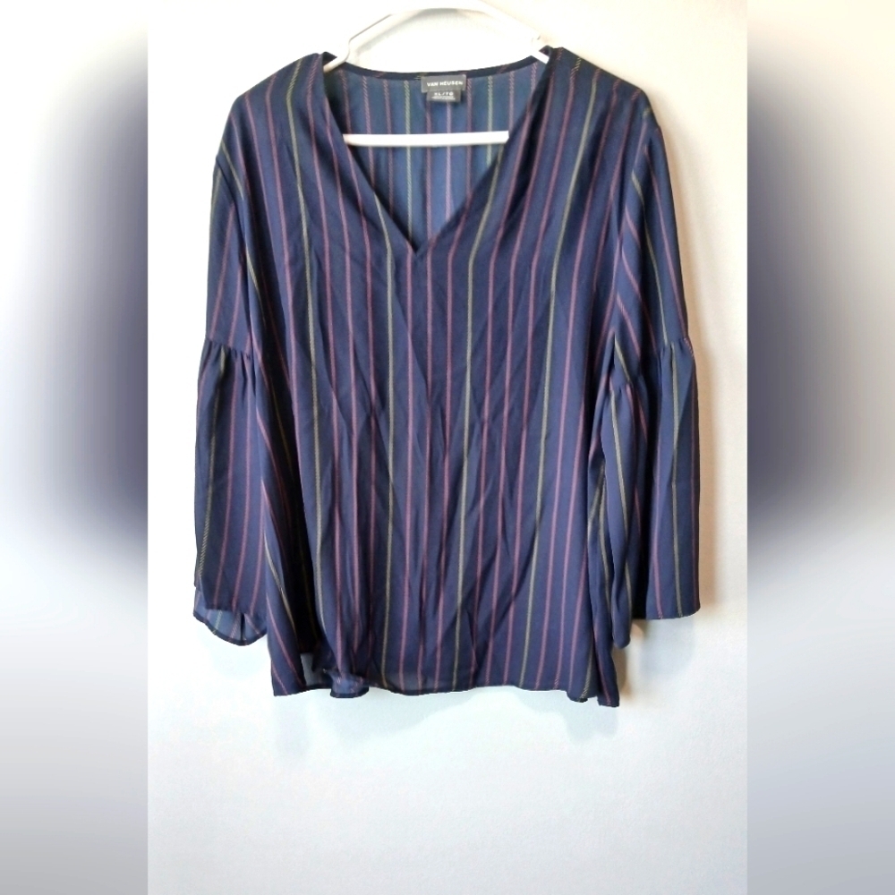 Van Heusen Blue Striped Bell Sleeve Blouse Women's XL Office Casual Tunic